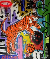 LARGE PAINTING PLAYING TIGERS BY ARTIST BY BRACHER REPRESENTED BY OOV GALLERY